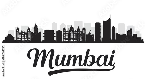 Mumbai City Skyline Silhouette with Iconic Landmarks and Colonial Architecture Black Vector Illustration