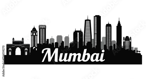 A black and white silhouette of the Mumbai skyline, featuring iconic buildings and the Gateway of India.