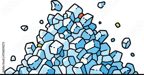 Pile of Blue Ice Cubes Falling in Various Sizes with Some Yellow and Red Accents Against a White Background