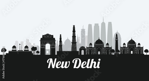 Black and white silhouette of the iconic New Delhi city skyline featuring famous landmarks and modern buildings.