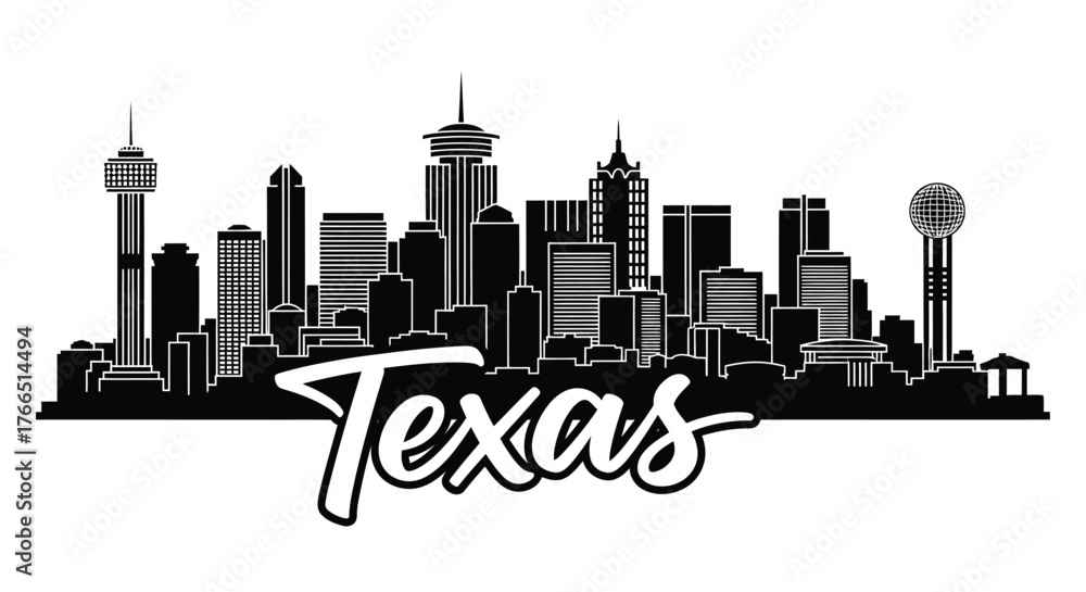 Fototapeta premium Texas City Skyline Silhouette with Modern Buildings and Towers Black Vector Illustration