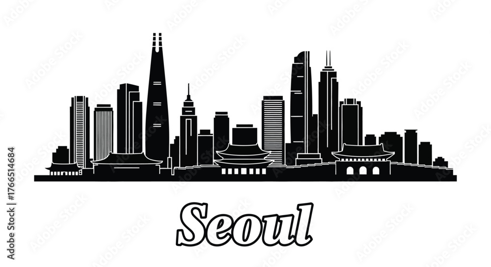 Naklejka premium A black and white silhouette of the Seoul skyline, featuring various modern skyscrapers and traditional Korean buildings.