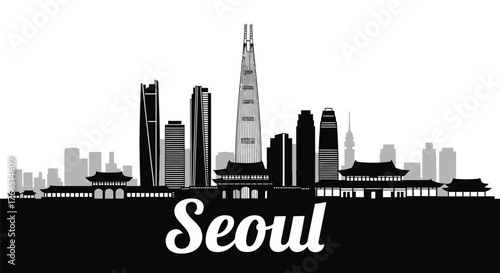 Black and white silhouette of the Seoul, South Korea skyline with modern and traditional architecture.