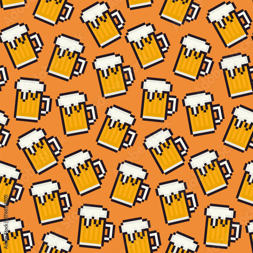 Seamless pattern with pixel beer mugs on an orange background. Fun retro 8 bit style design perfect for bar menus, Oktoberfest posters, pub branding, game interfaces, social media graphics, packaging