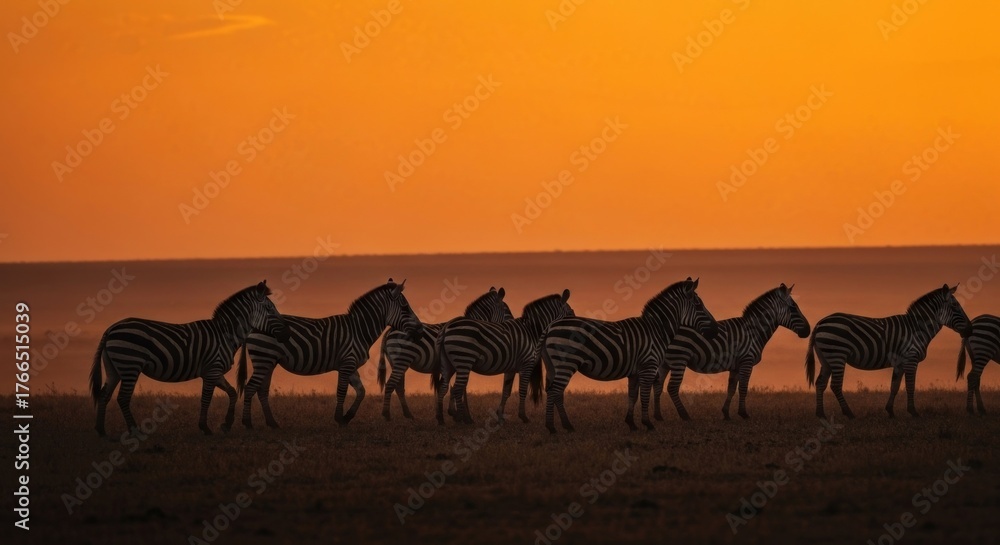 Fototapeta premium A herd of zebras silhouetted against a vibrant orange sunset on the African savanna