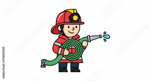 Brave Cartoon Firefighter Holding Hose Ready for Action