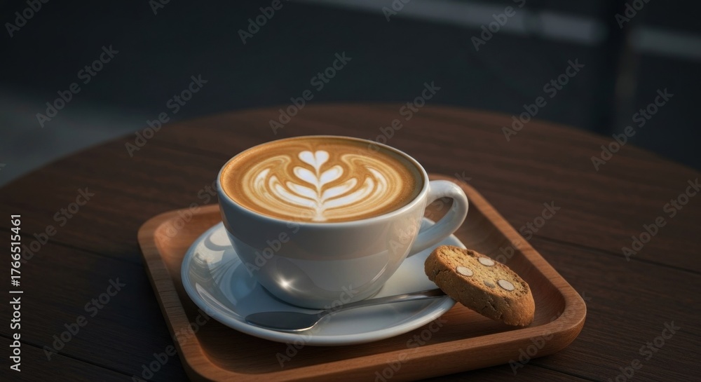 Obraz premium A latte with art sits on a wooden tray with biscotti. Natural light highlights the warm tones