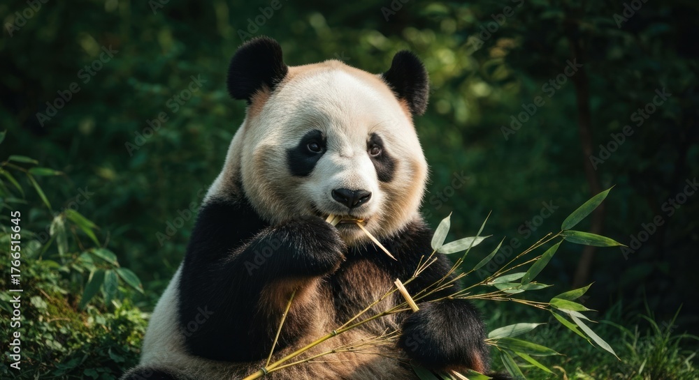 Obraz premium A large panda with black markings, contentedly munching on bamboo in a verdant forest