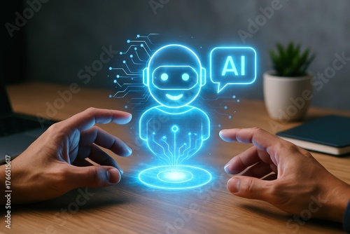 AI chatbot hologram interaction with human hands in hyper realistic photo
