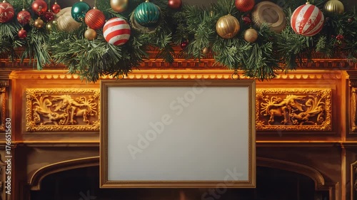 Mantel holding golden frame above flickering fire at home with evergreen garland and ornaments