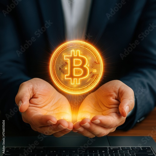 Businessman holding glowing Bitcoin hologram in his hands