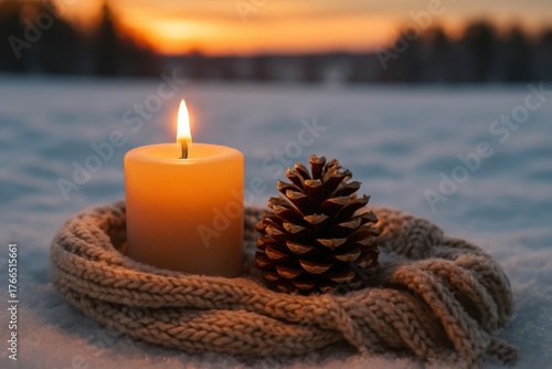 Candlelight and Pine Cone on Snowy Scarf at Sunset