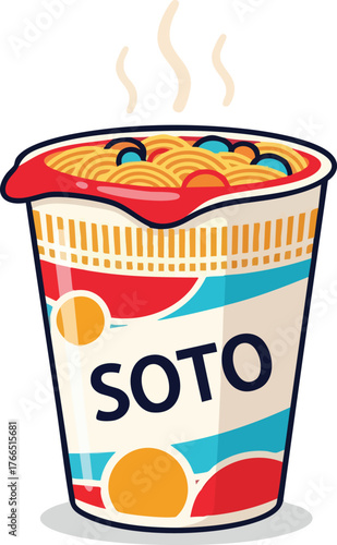 Pixel art illustration of a steaming cup of noodles with colorful branding