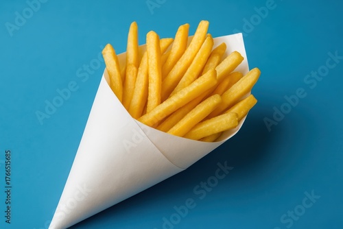 French fries in white paper cone against blue background