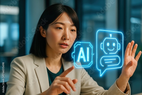 Japanese woman using AI holographic assistant in office