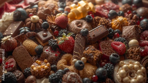 Camera capturing chocolate with berries on red cloth, shifting focus to truffles and doughnuts