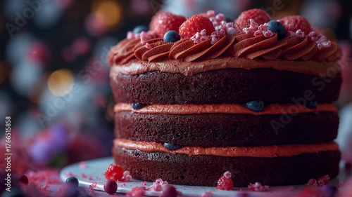 Opening close-up shot capturing triple chocolate cake on tabletop, with berry frosting and berries