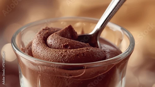 Drizzling chocolate sauce coating mousse swirl in glass cup on counter, with spoon for tasting