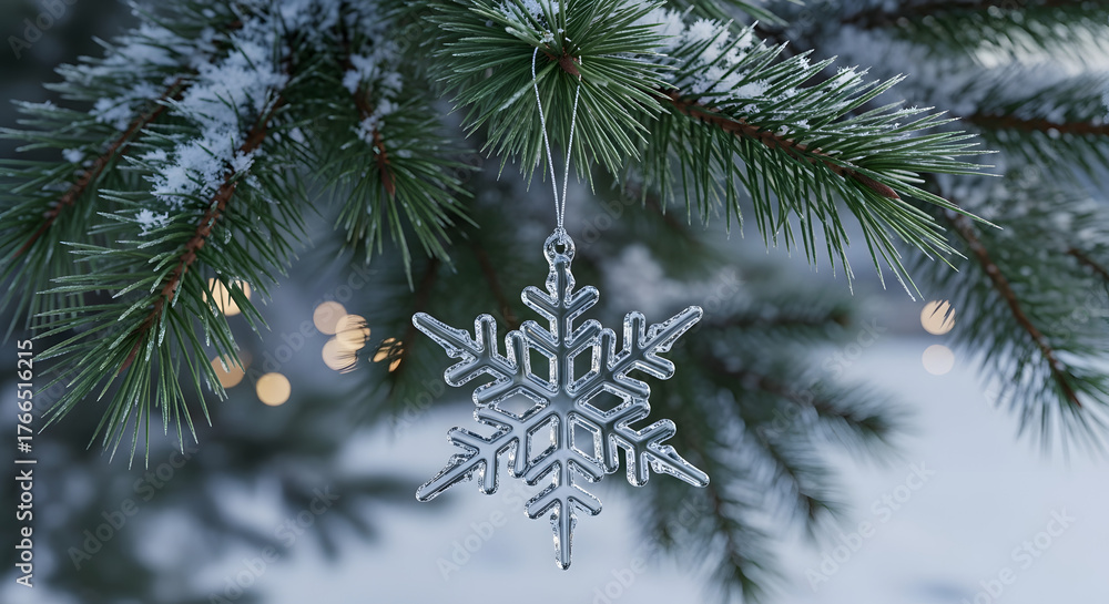 Obraz premium Festive Holiday Crystal Snowflake Ornament on Snowy Pine Branch