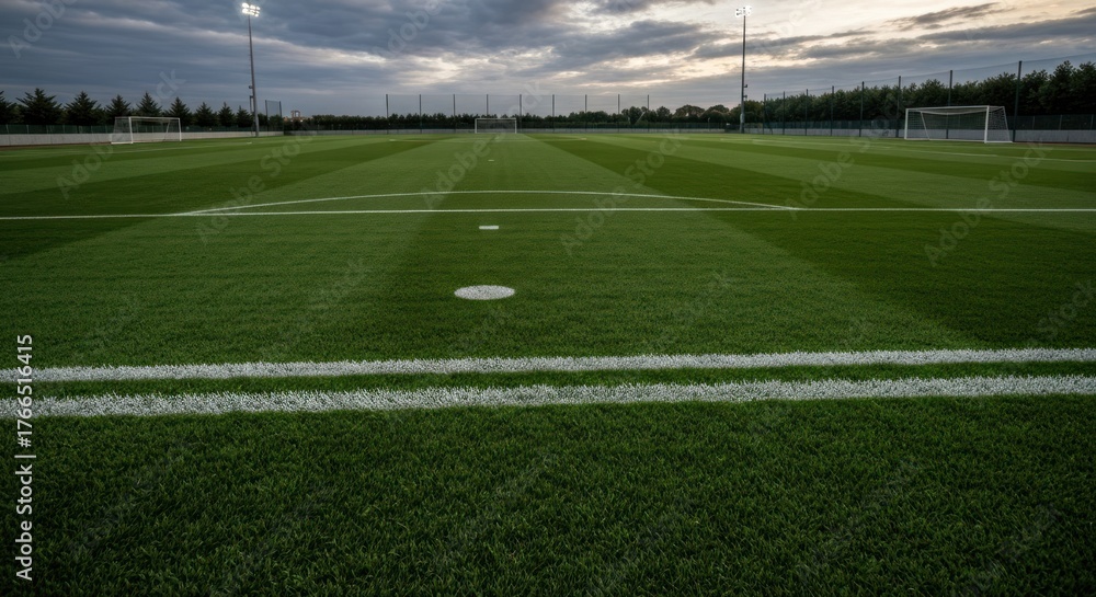 Fototapeta premium A meticulously manicured green soccer field with white lines, under a cloudy sky, goal posts