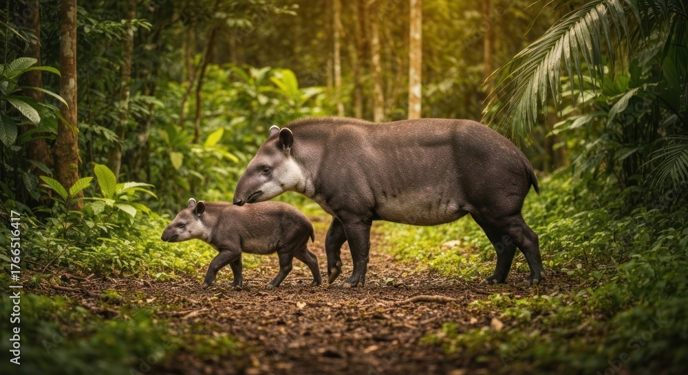 Fototapeta premium A mother tapir and her calf walk along a dirt path in a vibrant, green forest