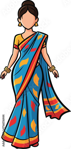 Pixel Art Woman Wearing Blue Sari With Yellow Blouse And Red Border And Yellow Orange Petal Shapes