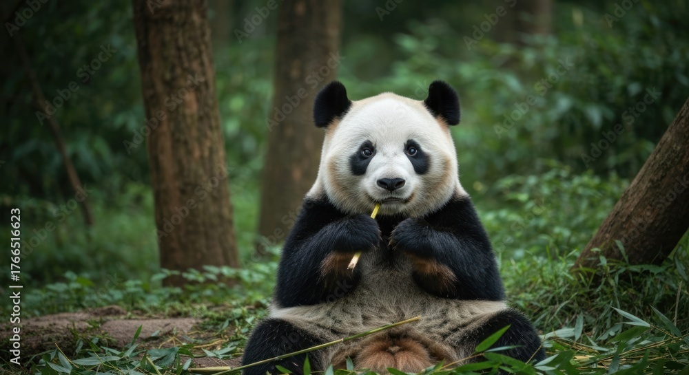 Fototapeta premium A panda bear sits amongst trees, enjoying bamboo, gazing directly at the viewer
