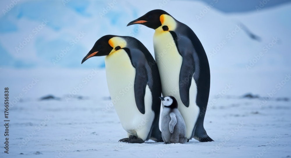 Fototapeta premium A penguin family huddles together on a snowy, icy landscape, with blue ice in the background