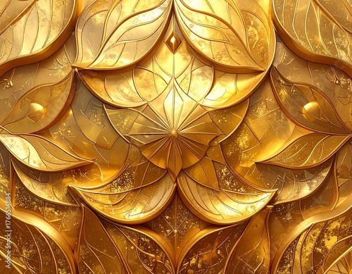 Close-up of a golden, stylized floral pattern with intricate details