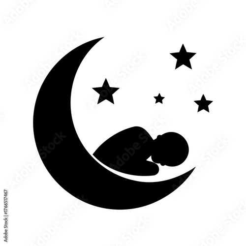 Silhouette of a person sleeping on a crescent moon with stars