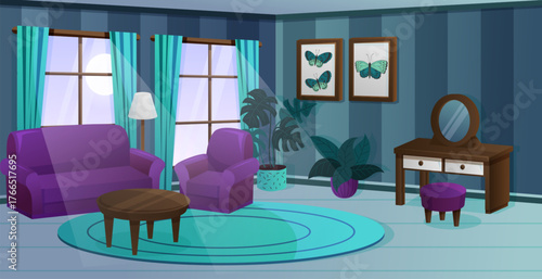 Room night bedroom. Cartoon home interior. Hotel bed. Moon light through window. Comfortable sofa with lamp. Cozy sleeping house. Home inside with moonlight. Vector game apartment garish background