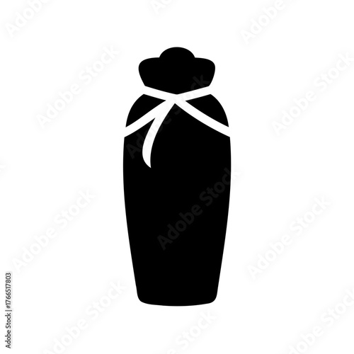Stylized black silhouette of a sack tied with white ribbon for gifting