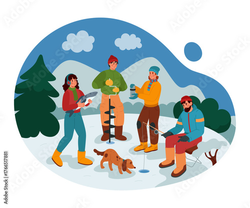 Winter fisherman. Man ice fishing on frozen rivers or lakes. Arctic cold weather with snow and frost. Friends catching fish and drilling hole. Male hobby. Fisher holding tackle. Vector tidy concept