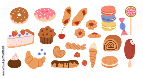 Cartoon bakery. Sweet dessert. Cute confectionery. Doodle sugar food, candies, chocolate pastries, cookies, tasty snacks, muffin and croissant, lollipop. Icon for bar. Vector isolated menu elements