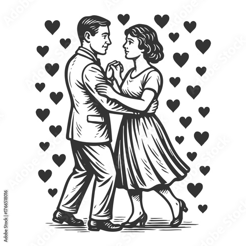 man and woman dancing closely with hearts in the background, symbolizing love and romance sketch engraving generative ai fictional character vector illustration. Scratch board. Black and white image.