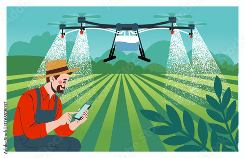 Agriculture farm. Smart farming. Plantation agricultural drone. Countryside barn. Innovation flying technology. Man farmer controlling UAV. Spray fertilizers. Robot flight monitoring. Vector concept