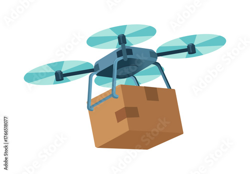 Agriculture farm drone. Cargo delivery by quadcopter. Aerial unmanned vehicle. Farming UAV with cardboard boxes. Freight express shipment. Parcel order. Vector isolated flying robot with propellers
