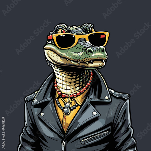 cute crocodile cartoon vector wearing a leather jacket