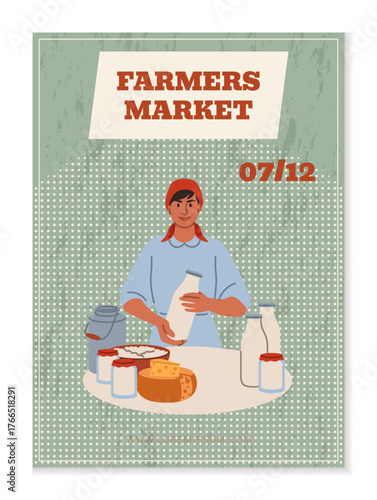 Farmer local farm. Farmer selling milk at stall. Market kiosk. Milkman booth shop. Organic food. Natural farming dairy products. Woman with cottage cheese and sour cream bottles. Vector poster design