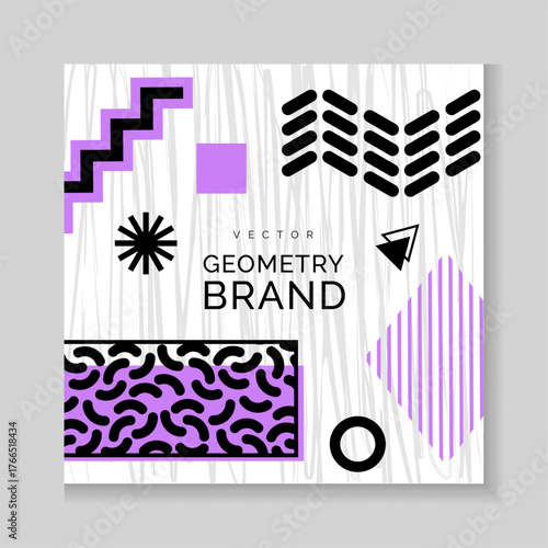 Geometry brand square poster. Purple geometrical abstract elements, lines and dots, Memphis style design social media post background. Decorative forms, minimal style vector contemporary illustration