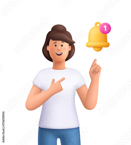 Young smiling woman Jane pointing pointing at notification bell with alert badge. Notification, alert, reminder, new message and email concept. 3d vector people character. Cartoon minimal style.
