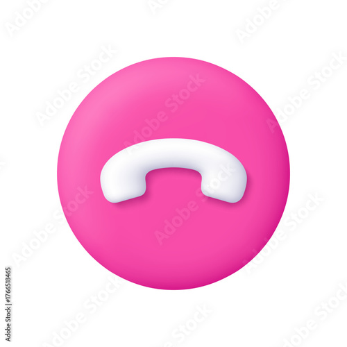 White phone handset icon on pink circle button. Rejected or canceled call. Phone connection, customer service and digital communication concept. 3d vector icon. Cartoon minimal style.