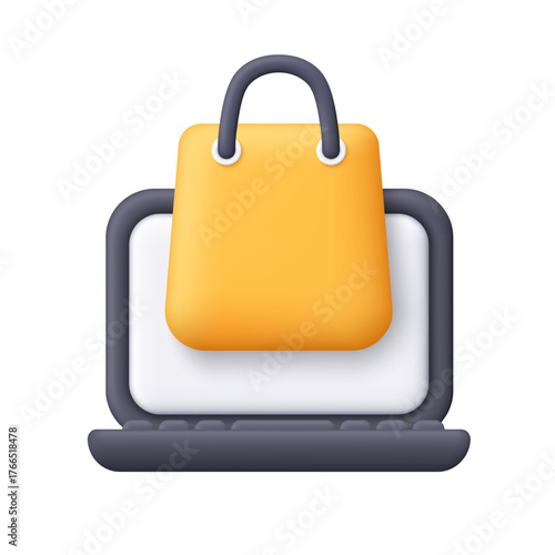 Black computer laptop with yellow shopping bag on white screen. Online shopping, e-commerce, digital marketing, online retail and delivery concept. 3d vector icon. Cartoon minimal style.