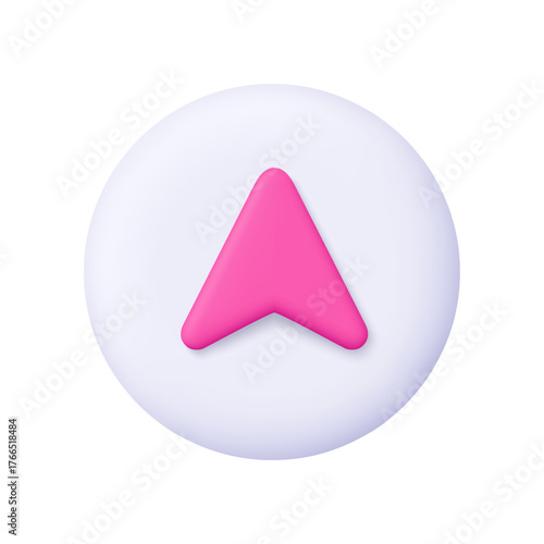 Pink navigation arrow or cursor on white circle button. Location, navigation, direction, geotag and map app concept. 3d vector icon. Cartoon minimal style.