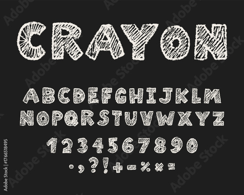 White chalk, crayon kids font. Doodle alphabet, numbers, signs