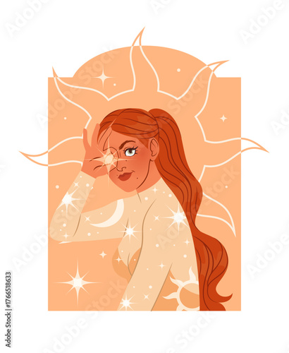 Woman magic. Young female portrait. Witch beauty. Spiritual stars and sun light. Modern mystic girl dreaming. Magical spell. Beautiful people wellbeing. Lady profile avatar. Vector pretty face card