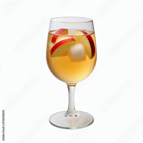 Golden Hued Wine Or Cider In A Stemmed Glass With Apple Slices And Ice Isolated On White