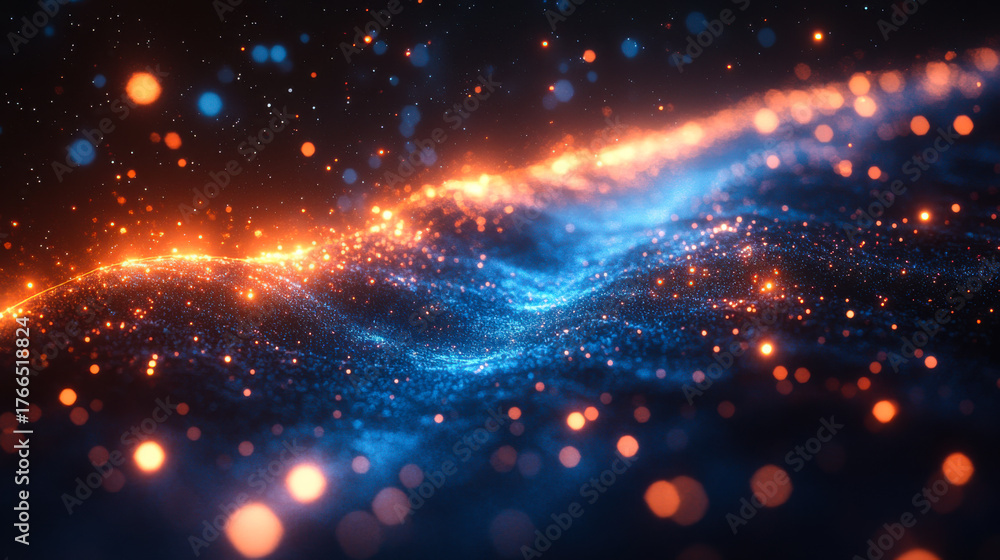 Obraz premium Stunning cosmic abstract design with vibrant blue and orange light particles in a mesmerizing flow