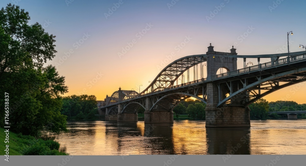 Fototapeta premium A scenic view of an ornate bridge stretching over a river at sunset, with trees on the banks