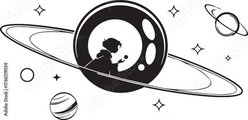 Illustration of the Little Prince character within a planet, complete with starry background elements